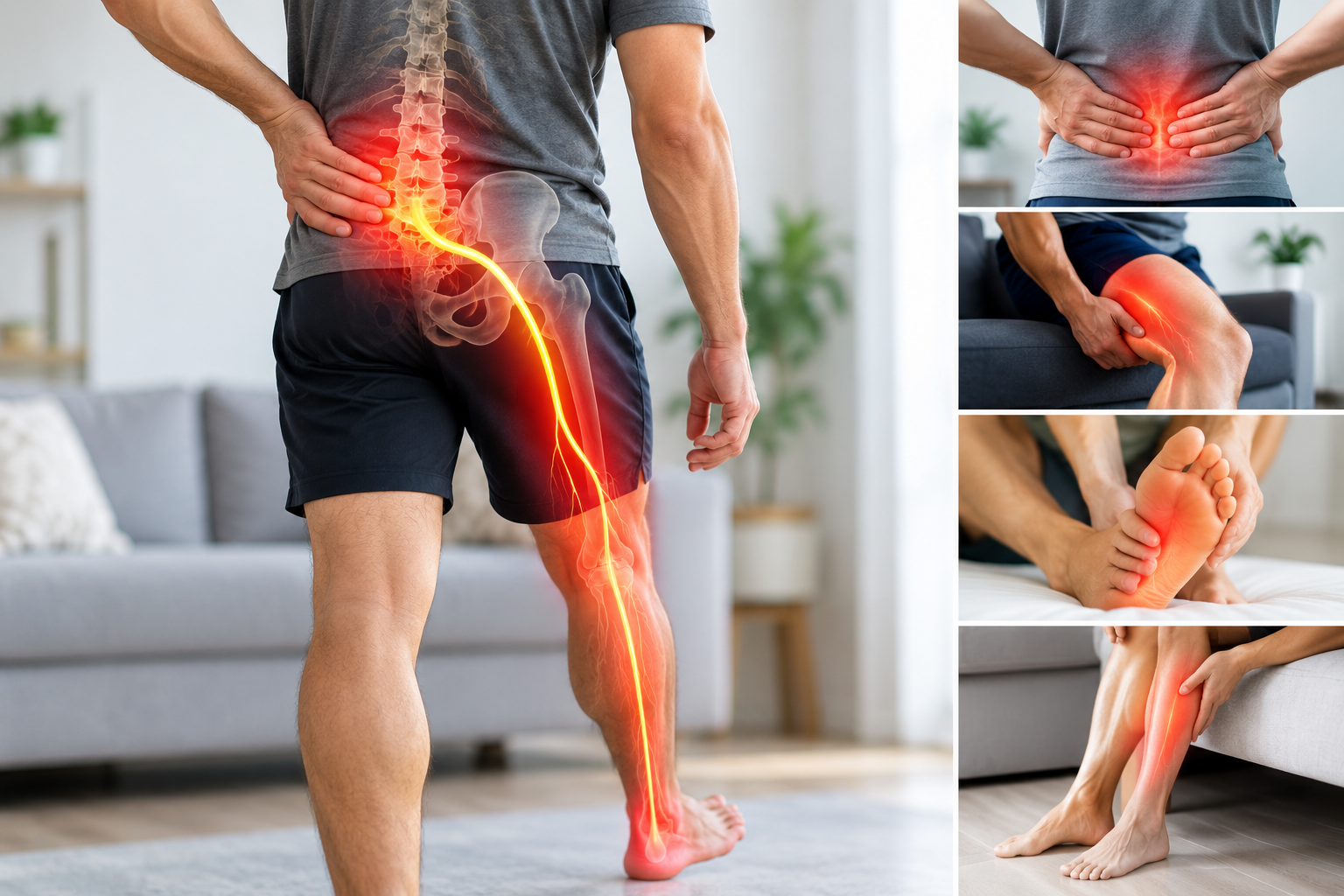 Man Experiencing Sciatica Discomfort Highlighted in Back and Leg Areas
