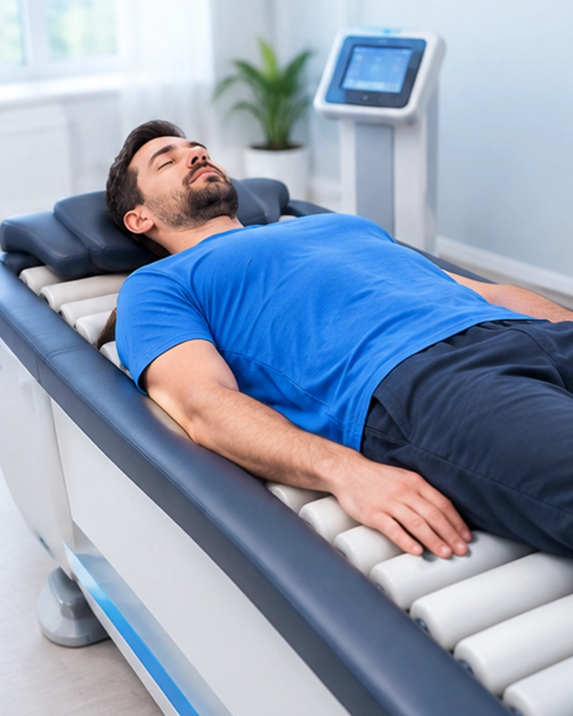 Man Relaxing on Intersegmental Roller Table for Back Pain Treatment