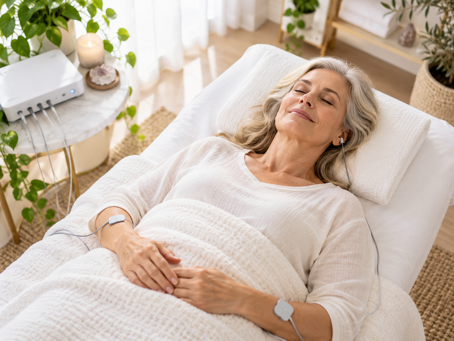 Woman Relaxing During Bio Frequency Therapy in a Holistic Healthcare Clinic