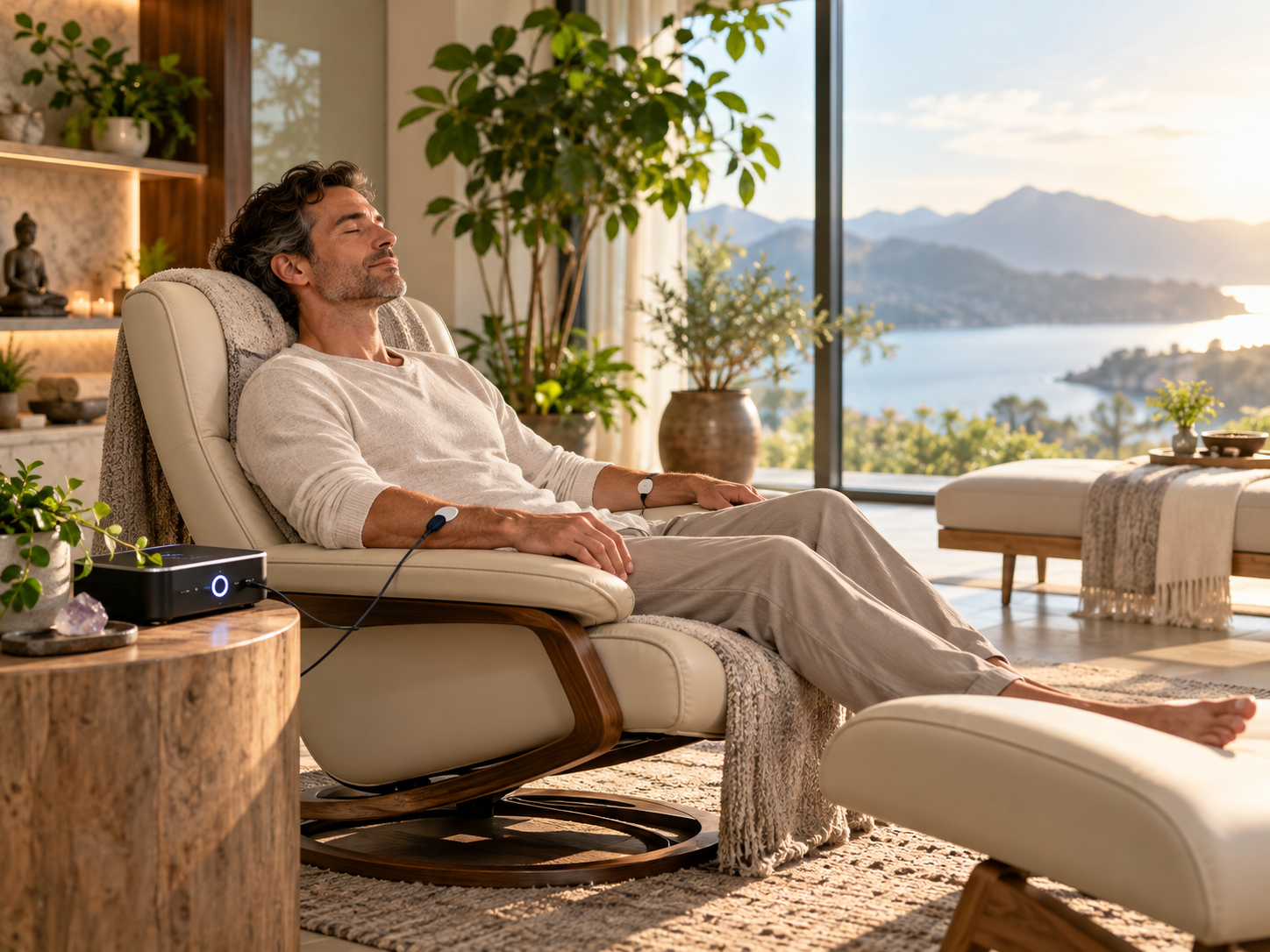 Man Relaxing in Modern Room with Bio-Frequency Therapy Device