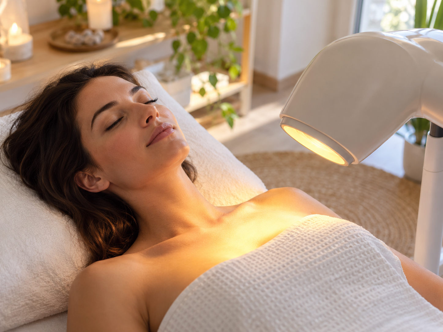 Woman Receiving Light Therapy in a Relaxing Alternative Medicine Setting
