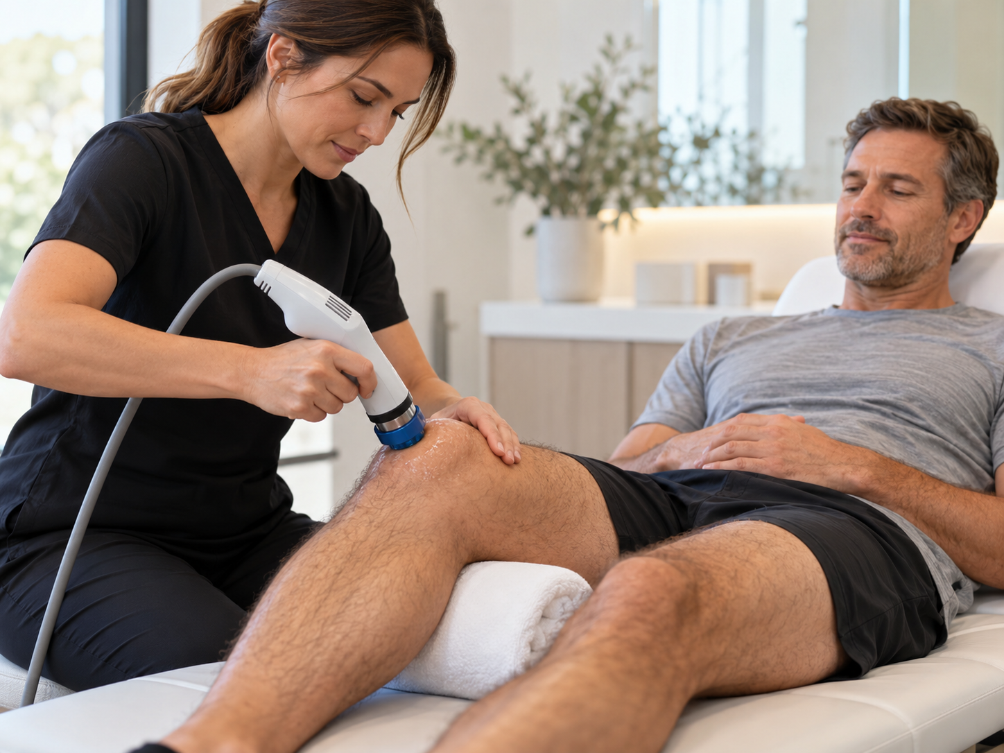 Therapist Administering Alternative Medicine Treatment on Patient's Knee in Clinic