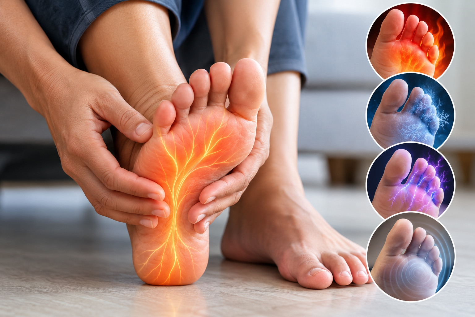 Person Massaging Foot with Glowing Nerves and Colorful Inset Images Highlighting Pain