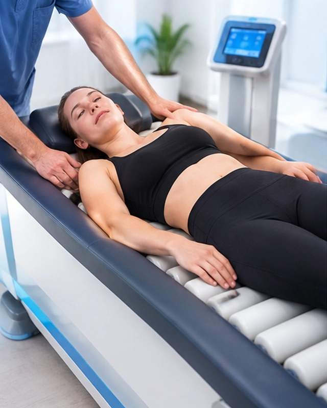 Woman Relaxing on an Intersegmental Roller Table for Back Pain Treatment