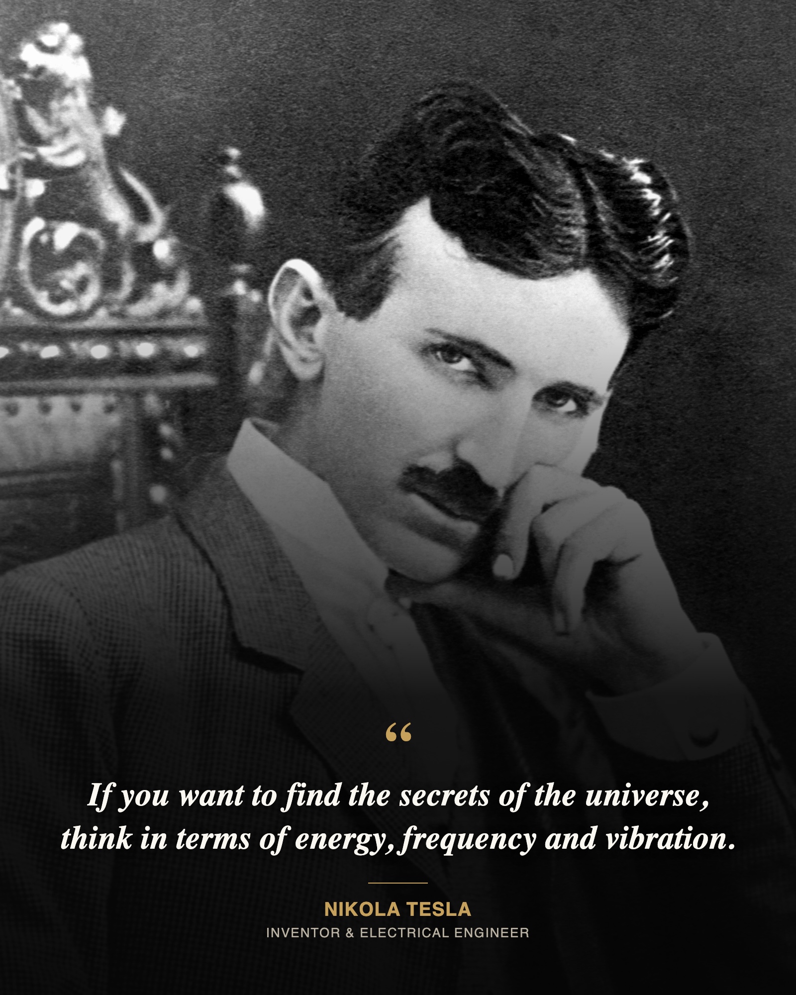 Black and White Portrait of Nikola Tesla Posing Thoughtfully, Promoting Holistic Healthcare