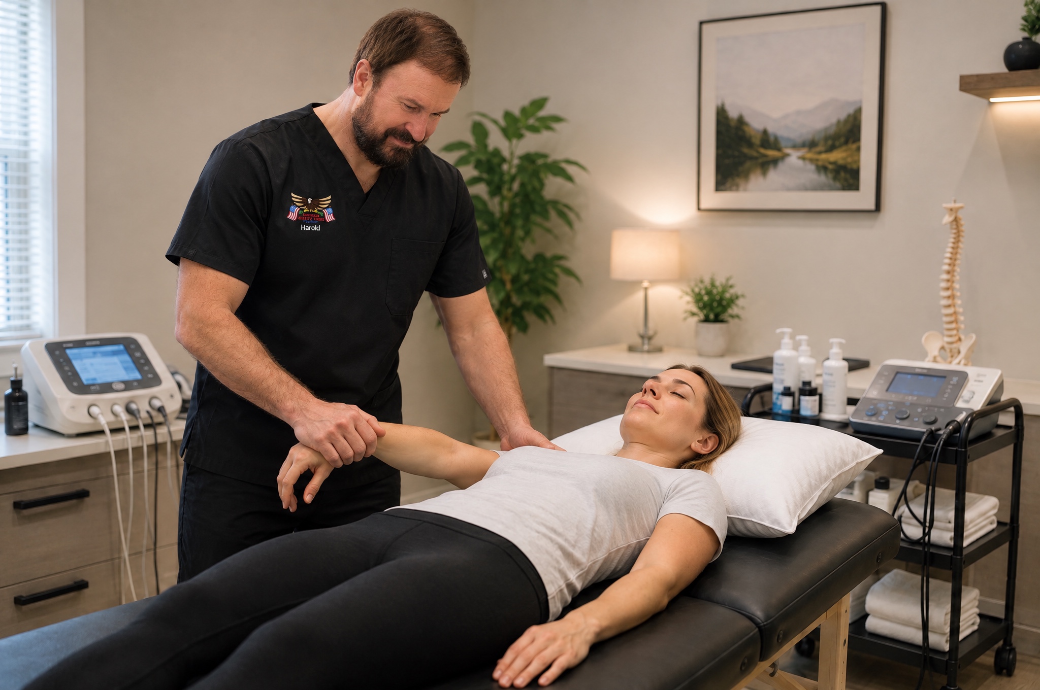 Therapist Assisting Woman with Arm Exercise in Holistic Healthcare Clinic