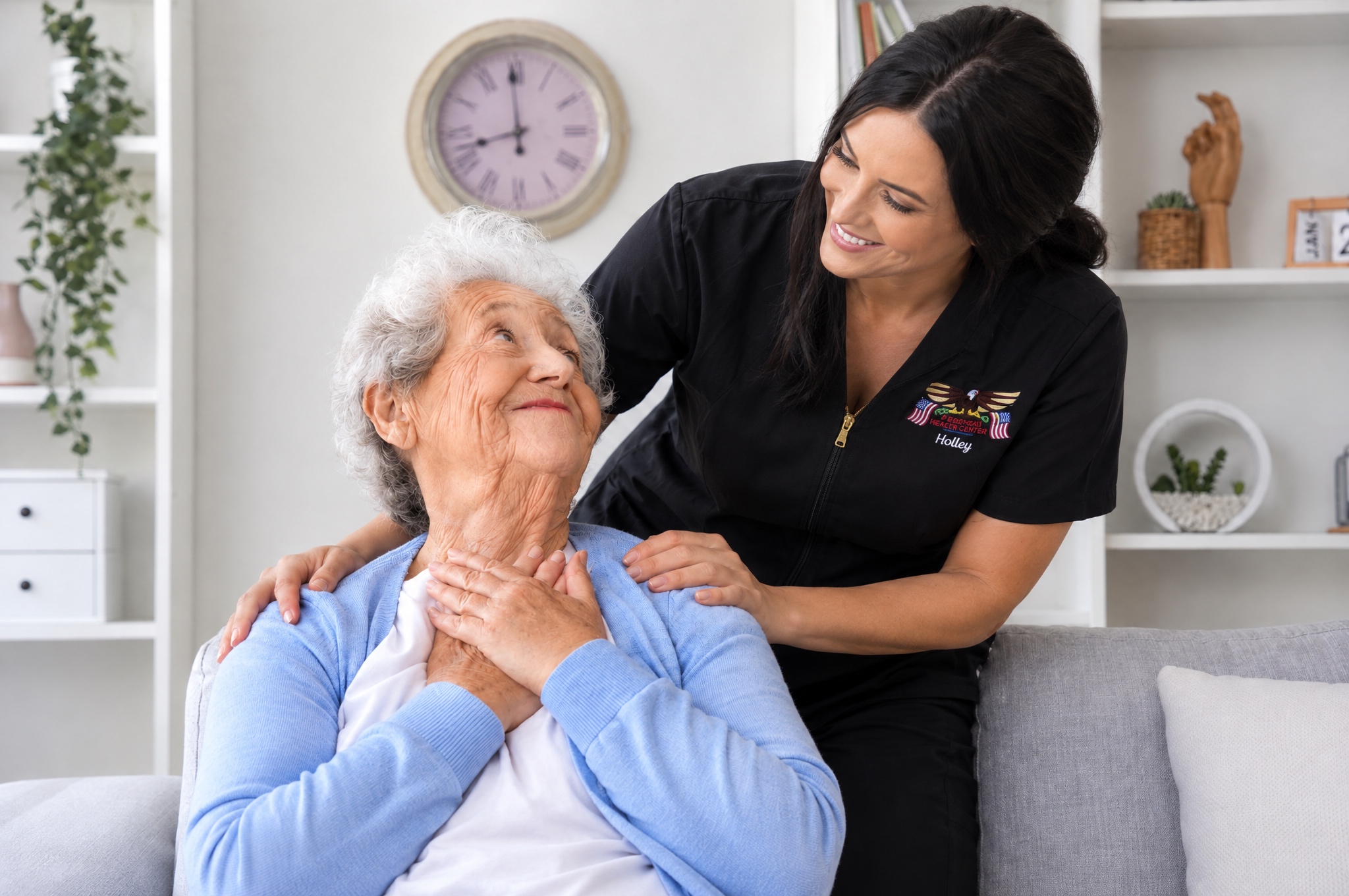 Elderly Woman Smiling at Caregiver in a Holistic Healthcare Setting