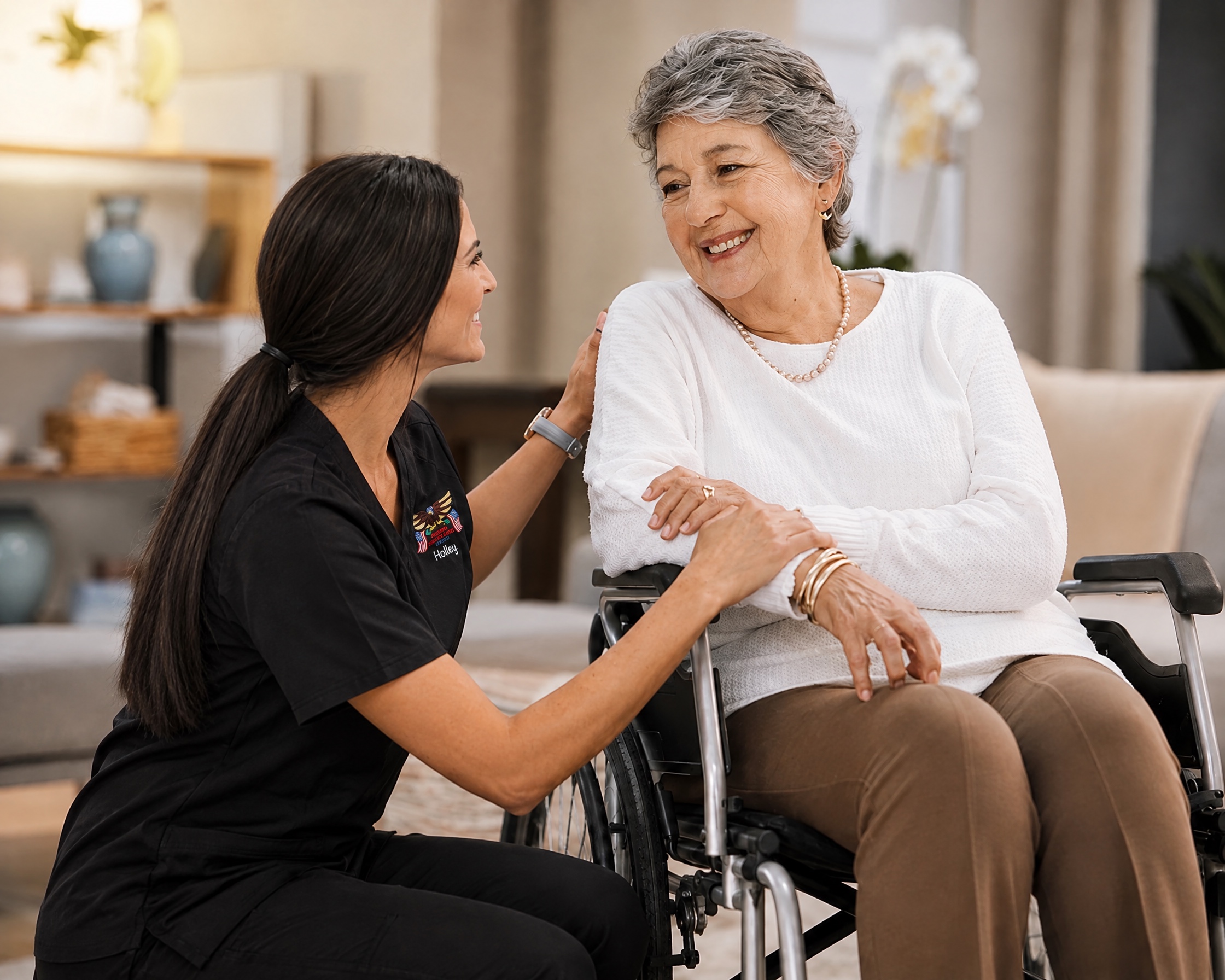 Healthcare Professional Comforting Elderly Woman in Wheelchair, Emphasizing Holistic Healthcare